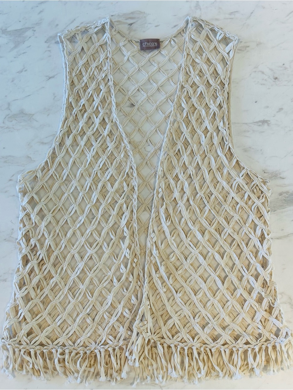 Chico's Cream Open-Weave Macramé Fringe Vest